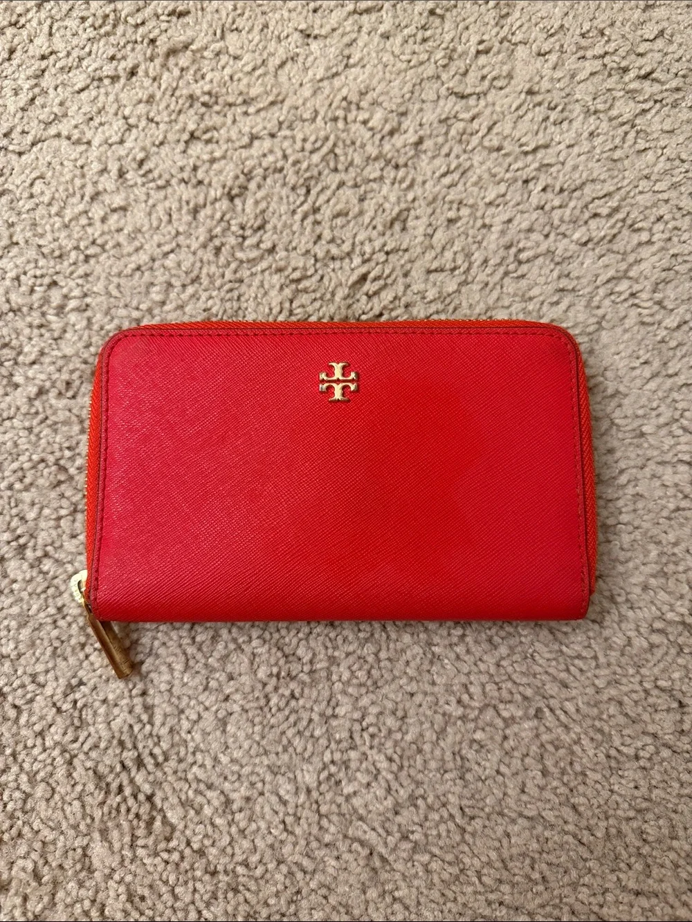 Tory Burch Red Zip Around Wallet with Gold Accents